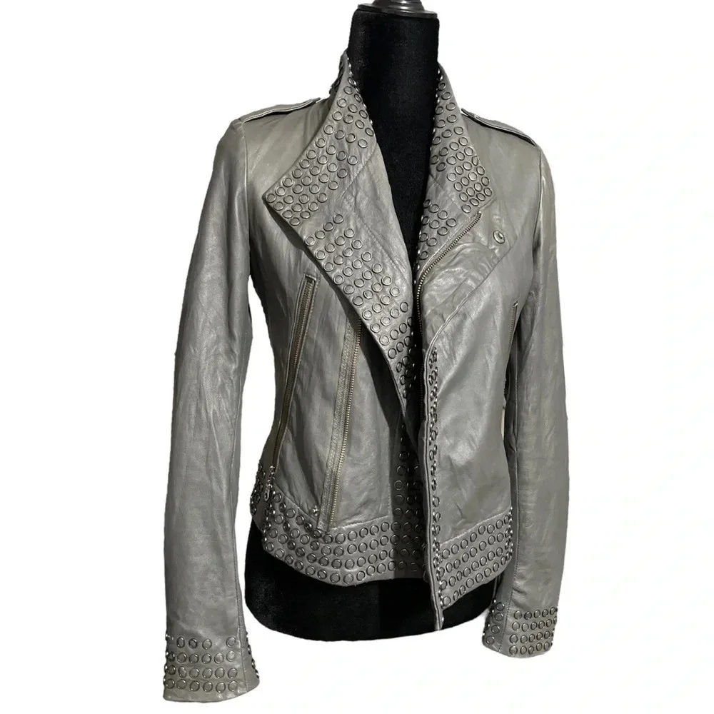 KENNA-T Women’s Biker Moto Jacket Gray Soft Leather Ring Accent Studded Size XS